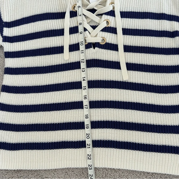NWT Loft Women’s Blue Ivory Striped Collared Lace Up Tie Neck Knit Sweater Sz XS - Picture 8 of 9